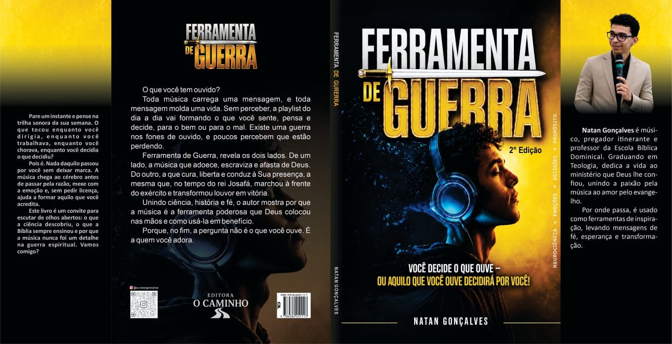 Capa aberta do livro Ferramenta de Guerra, com capa, lombada e quarta capa
